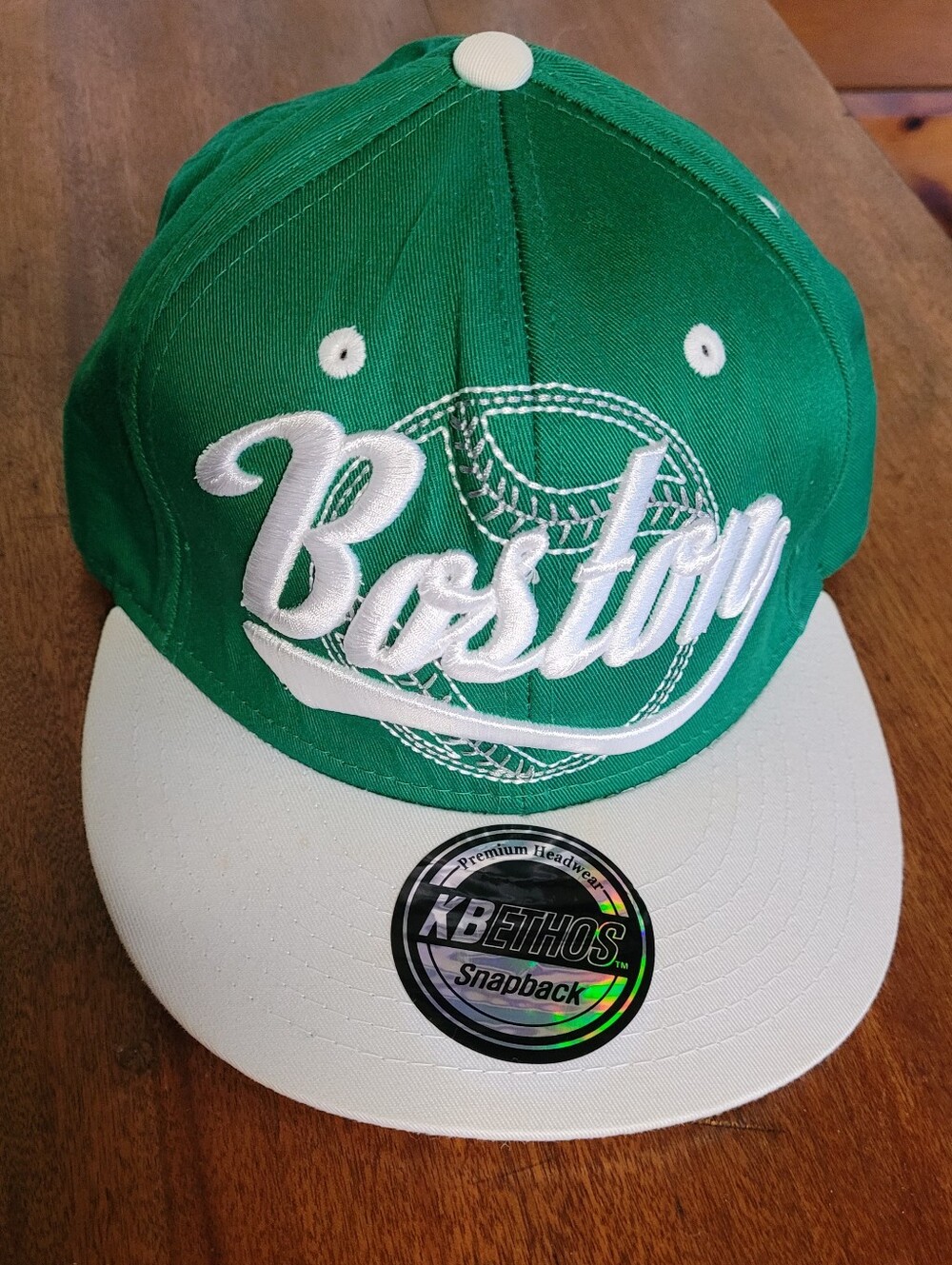 KBETHOS Green and White Boston Script Snapback Hat (C02)